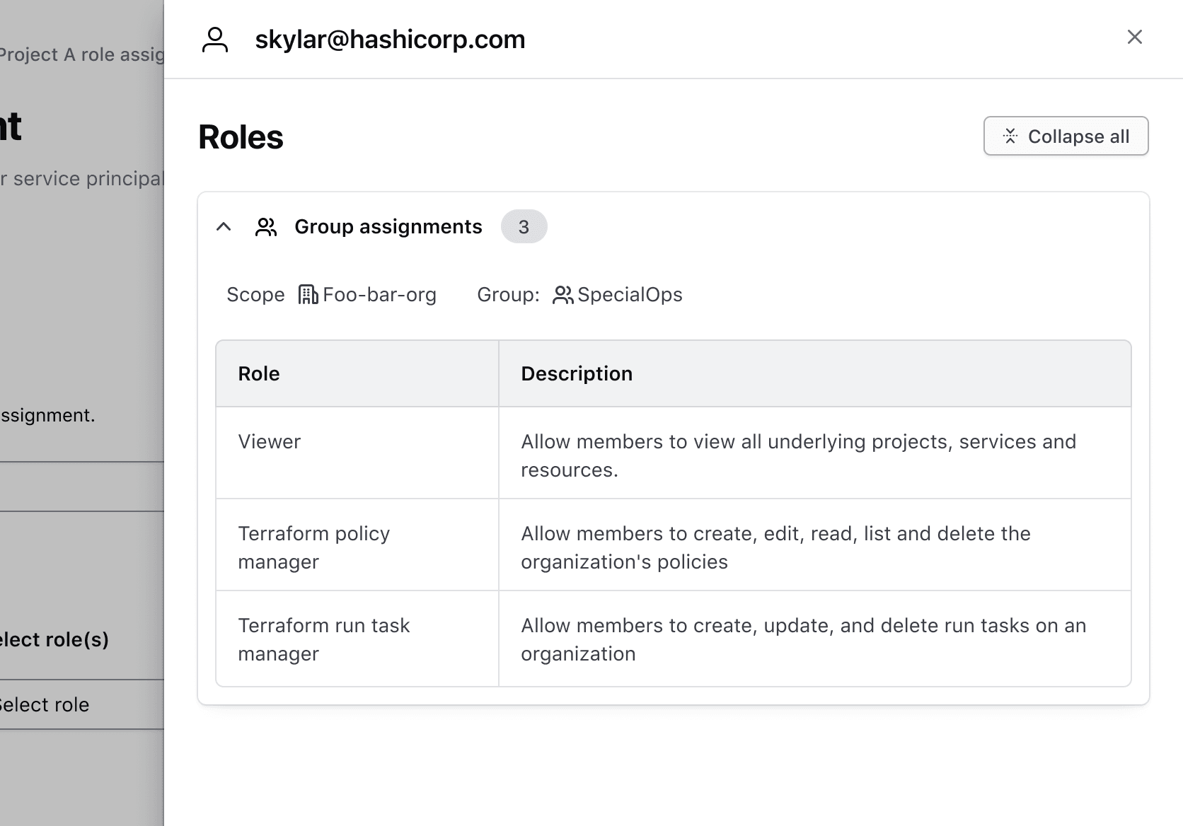 show example of terraform roles flyout design
