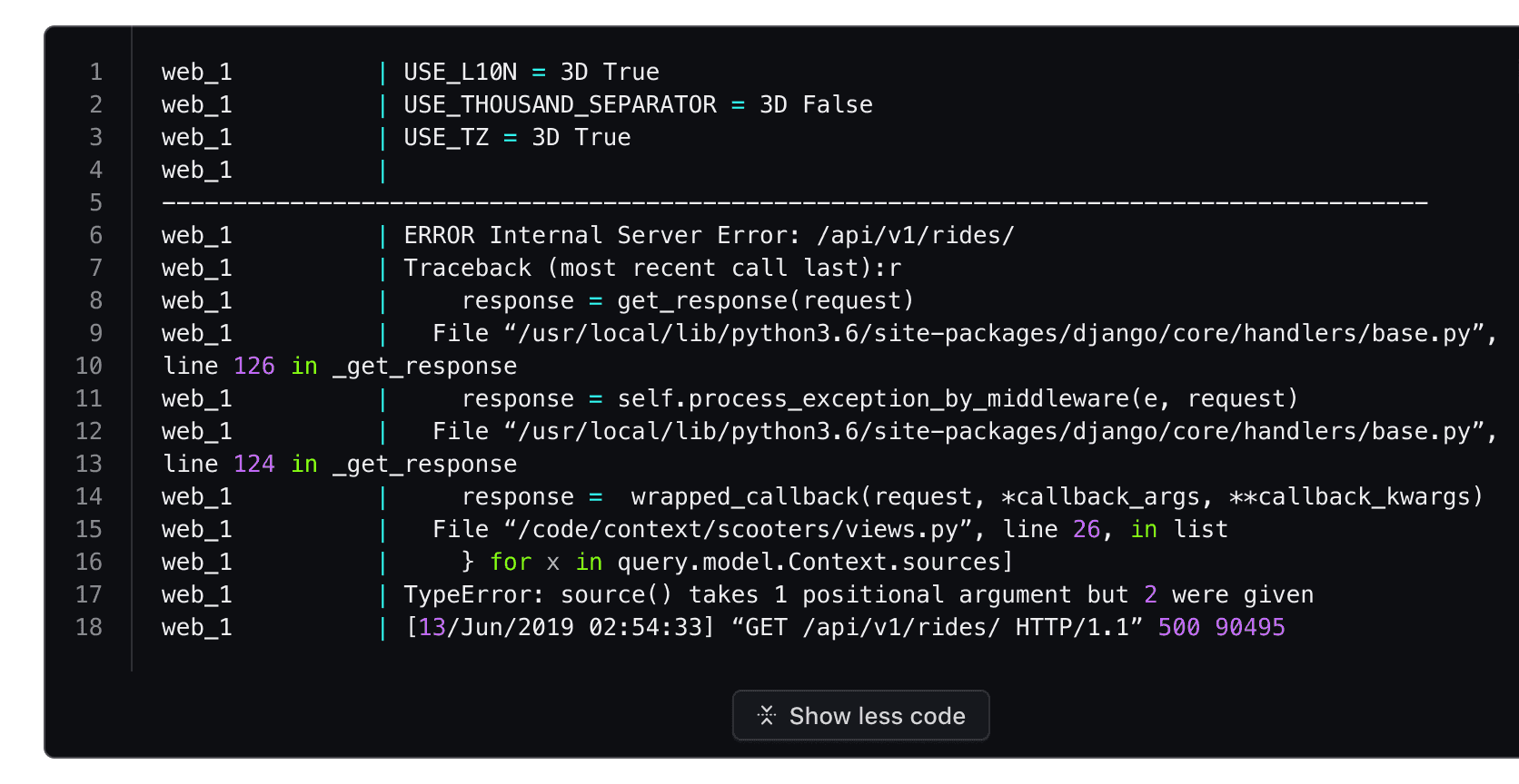 Expanded Code Block with all lines visible and a 'Show less code' button displayed at the bottom