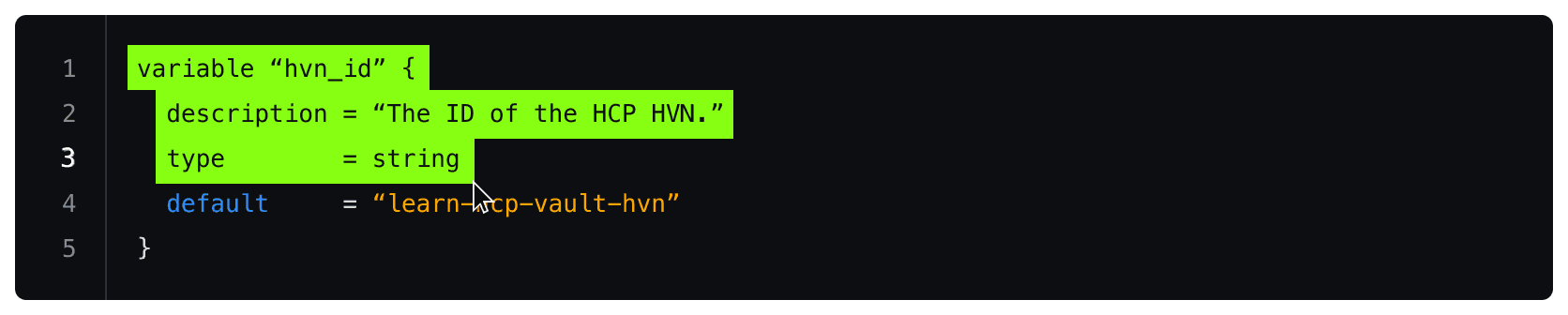 The Code Editor's line 1 to 3 selected and showing the green selection highlighted color