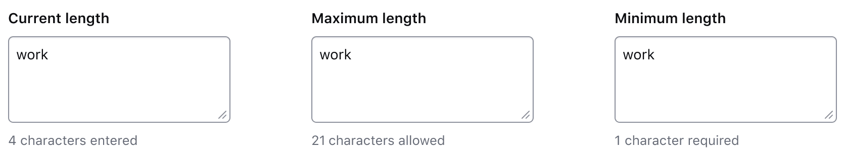 A workspace name textarea with the text "work" entered. If the character count is showing current length, it reads "4 characters entered". If maximum length, it reads "21 characters remaining". If minimum length, it reads "1 character remaining".